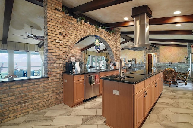 13033 SE 158th Ln, Weirsdale, FL 32195 - kitchen with ceiling fan, beam ceiling, island exhaust hood, stainless steel dishwasher, and plenty of natural light