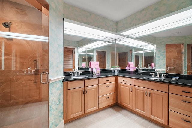 13033 SE 158th Ln, Weirsdale, FL 32195 - bathroom with wallpapered walls, vanity, and a shower stall