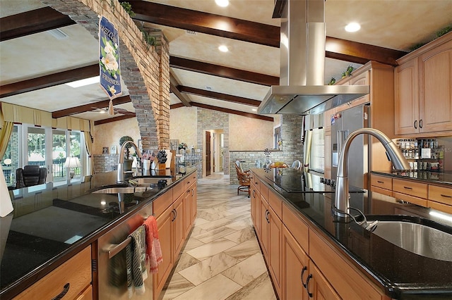 13033 SE 158th Ln, Weirsdale, FL 32195 - kitchen featuring dishwasher, island range hood, black electric cooktop, tasteful backsplash, and dark stone countertops