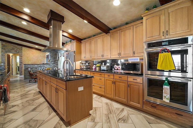 13033 SE 158th Ln, Weirsdale, FL 32195 - kitchen featuring stainless steel appliances, beamed ceiling, light marble finish flooring, tasteful backsplash, and island exhaust hood