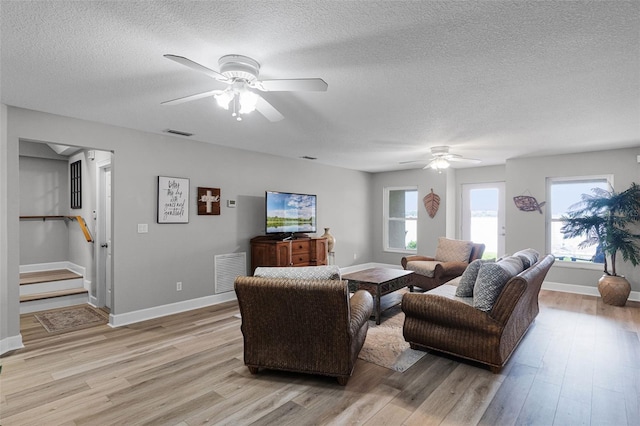 6136 Lake Emma Rd, Groveland, FL 34736 - living room with a ceiling fan, light wood-style flooring, and a textured ceiling