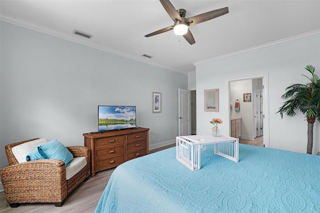 6136 Lake Emma Rd, Groveland, FL 34736 - bedroom featuring ornamental molding, light wood finished floors, a ceiling fan, and connected bathroom