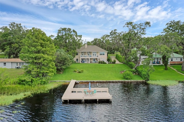 6136 Lake Emma Rd, Groveland, FL 34736 - dock area featuring a water view, a lawn, and stairway