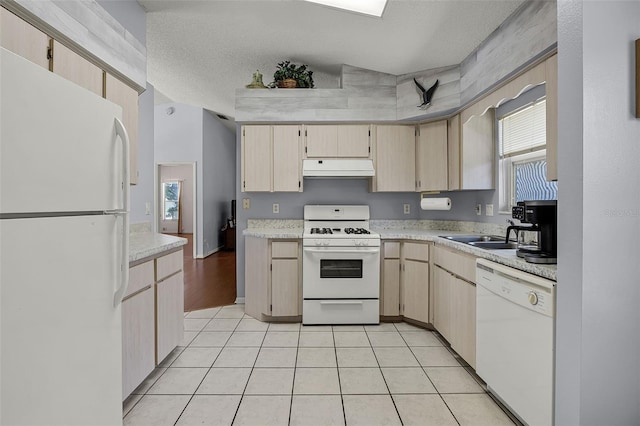 5507 Laver St, Leesburg, FL 34748 - kitchen with white appliances, under cabinet range hood, light countertops, plenty of natural light, and a textured ceiling