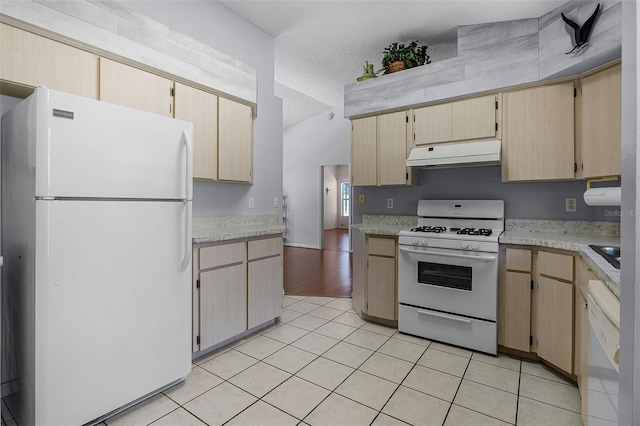 5507 Laver St, Leesburg, FL 34748 - kitchen featuring white appliances, under cabinet range hood, light countertops, light tile patterned flooring, and light brown cabinets