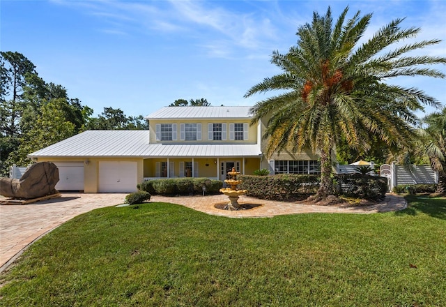 15733 Tower View Dr, Clermont, FL 34711 - traditional-style house featuring an attached garage, a front yard, a metal roof, decorative driveway, and stucco siding