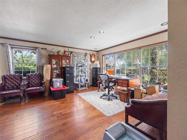 15733 Tower View Dr, Clermont, FL 34711 - office area featuring a textured ceiling, ornamental molding, hardwood / wood-style floors, healthy amount of natural light, and recessed lighting