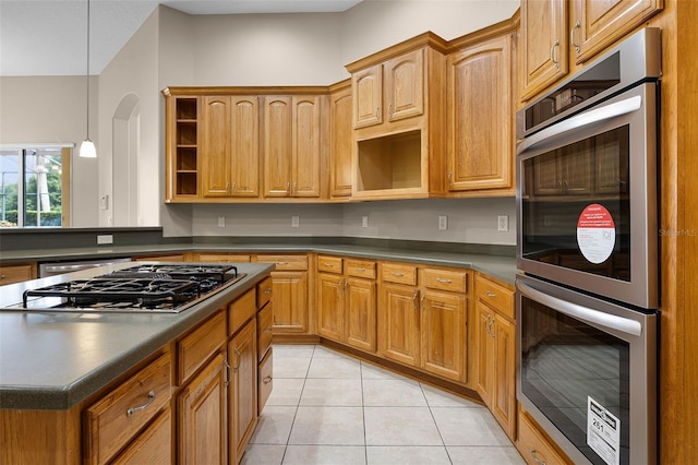 7303 Spring Mountain Ln, Yalaha, FL 34797 - kitchen with open shelves, stainless steel appliances, dark countertops, and light tile patterned flooring