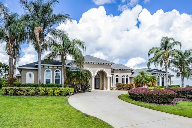 7303 Spring Mountain Ln, Yalaha, FL 34797 - view of front facade with curved driveway, stucco siding, and a front lawn