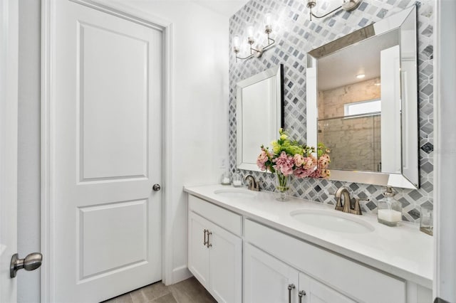 3304 Canna Lily Pl, Clermont, FL 34711 - bathroom with double vanity, decorative backsplash, and a shower