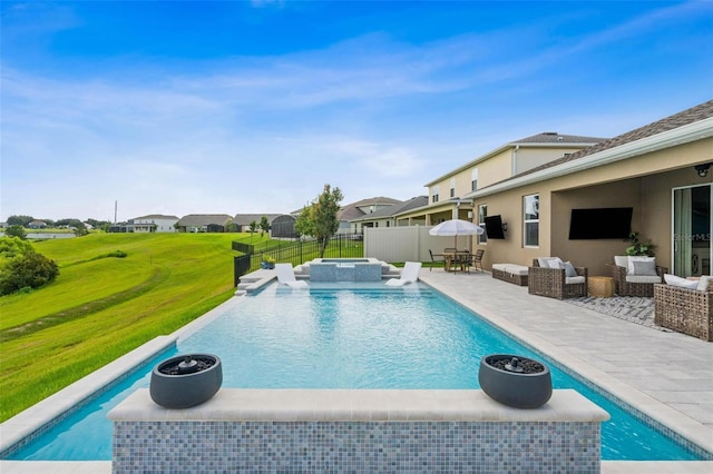 3304 Canna Lily Pl, Clermont, FL 34711 - view of pool featuring a fenced backyard, an outdoor living space, a patio area, an in-ground hot tub, and a residential view