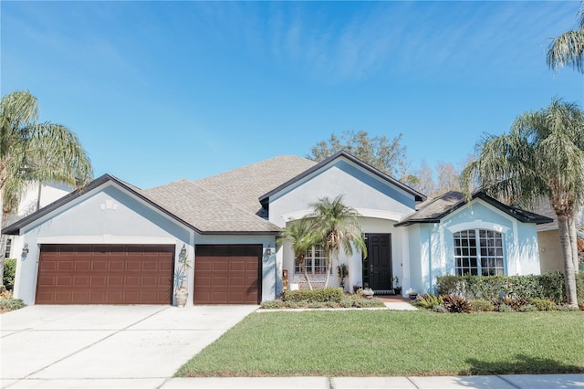 26620 Shoregrass Dr, Wesley Chapel, FL 33544 - single story home with an attached garage, stucco siding, a front lawn, and driveway