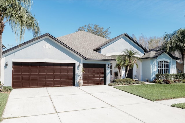 26620 Shoregrass Dr, Wesley Chapel, FL 33544 - ranch-style home with a garage, stucco siding, a front lawn, concrete driveway, and a shingled roof