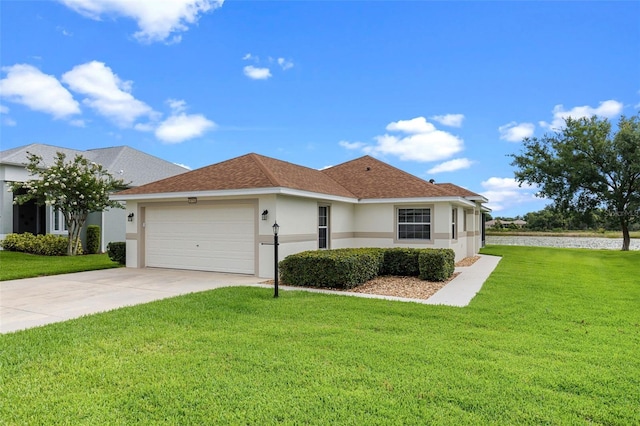 5715 Illumination Ln, Leesburg, FL 34748 - ranch-style home with stucco siding, a garage, a front lawn, and driveway