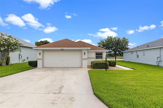 5715 Illumination Ln, Leesburg, FL 34748 - ranch-style house featuring stucco siding, a front lawn, a garage, and driveway