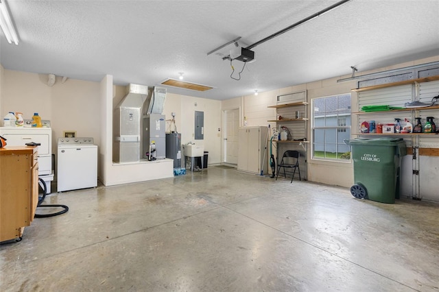 5715 Illumination Ln, Leesburg, FL 34748 - garage featuring electric panel, heating unit, electric water heater, and separate washer and dryer
