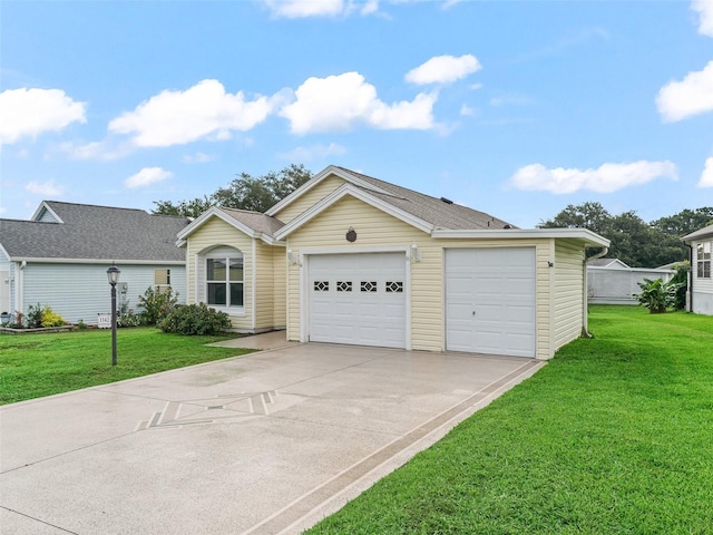 1142 W Boone Ct, The Villages, FL 32159 - ranch-style home featuring driveway, a front yard, an attached garage, and a shingled roof