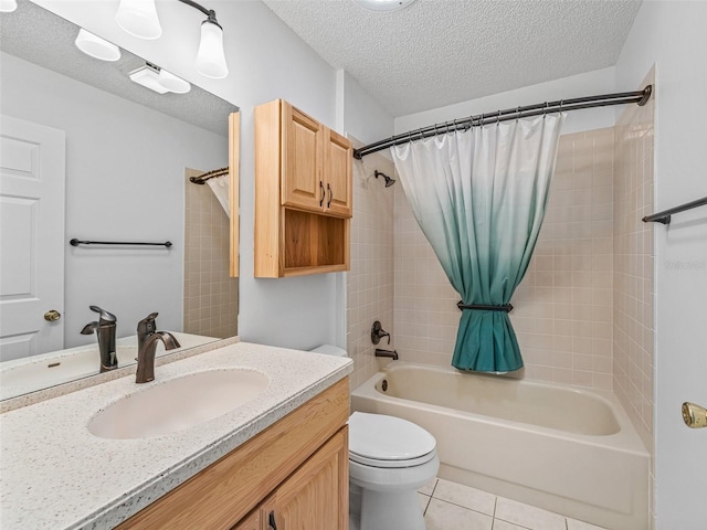1142 W Boone Ct, The Villages, FL 32159 - bathroom with a textured ceiling, shower / tub combo with curtain, vanity, and tile patterned flooring