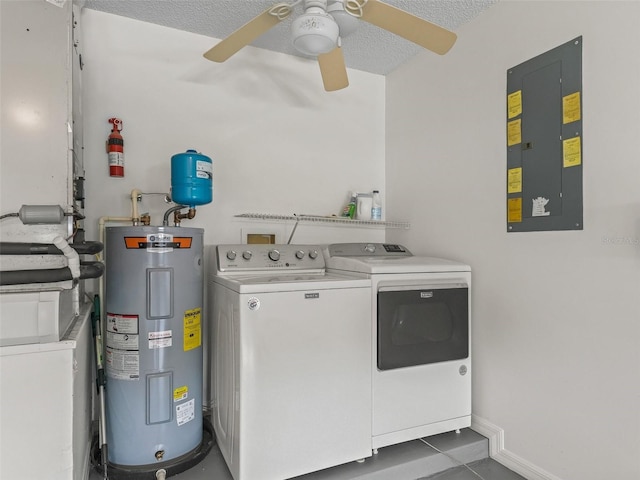 1142 W Boone Ct, The Villages, FL 32159 - laundry area featuring water heater, electric panel, washer and clothes dryer, a ceiling fan, and a textured ceiling