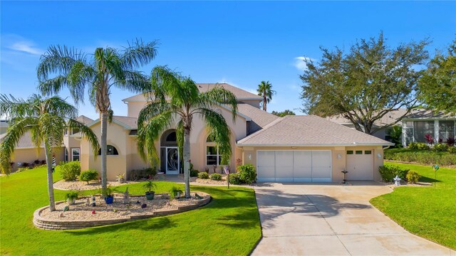 5740 Bounty Cir, Tavares, FL 32778 - view of front of house with a garage, driveway, a front lawn, and stucco siding