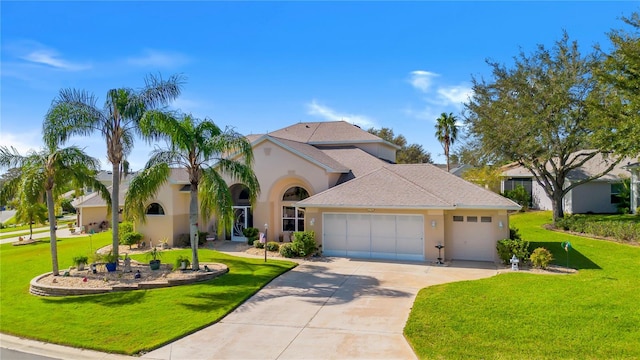 5740 Bounty Cir, Tavares, FL 32778 - view of front of house featuring an attached garage, driveway, stucco siding, and a front lawn