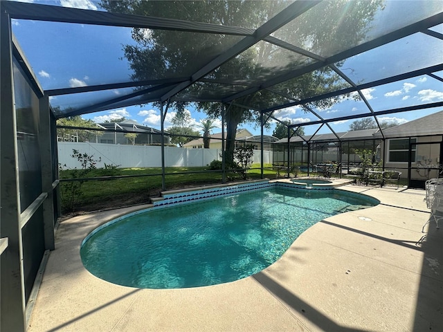 15509 Markham Dr, Clermont, FL 34714 - view of swimming pool featuring a patio, glass enclosure, a fenced backyard, and a pool with connected hot tub