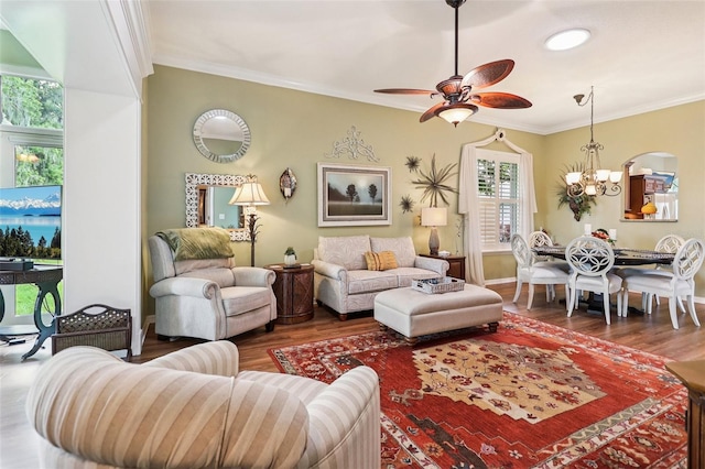 2512 Baywater Rd, Tavares, FL 32778 - living area featuring a chandelier, wood finished floors, a ceiling fan, crown molding, and recessed lighting