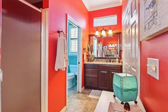 2512 Baywater Rd, Tavares, FL 32778 - bathroom featuring crown molding, vanity, and a stall shower