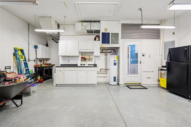 2512 Baywater Rd, Tavares, FL 32778 - garage featuring freestanding refrigerator, water heater, and concrete block wall