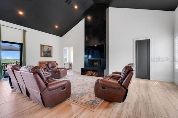 10711 County Road 561, Clermont, FL 34711 - living room featuring high vaulted ceiling, wood finished floors, and a large fireplace