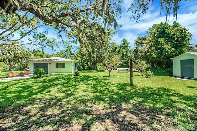 5319 Eagles Nest Rd, Fruitland Park, FL 34731 - view of green lawn featuring a storage unit and concrete driveway