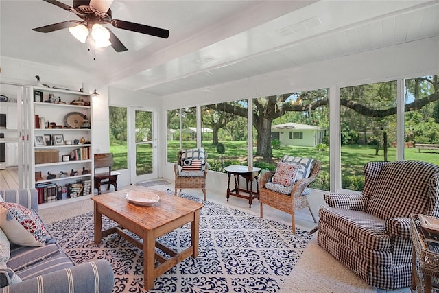 5319 Eagles Nest Rd, Fruitland Park, FL 34731 - sunroom with a ceiling fan, beam ceiling, and an outdoor hangout area