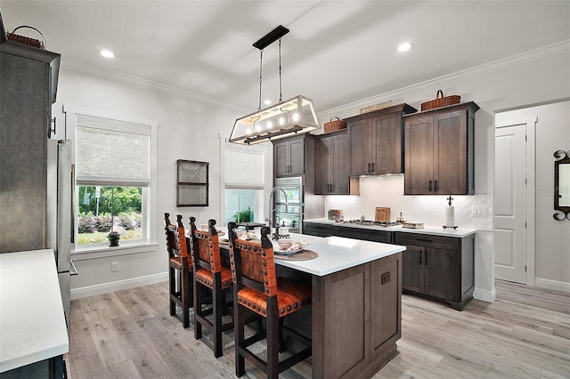 622 W 11th Ave, Mount Dora, FL 32757 - kitchen featuring ornamental molding, dark brown cabinetry, light countertops, light wood-type flooring, and healthy amount of natural light