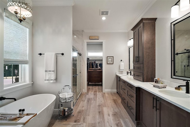622 W 11th Ave, Mount Dora, FL 32757 - bathroom with a stall shower, healthy amount of natural light, double vanity, a freestanding tub, and ornamental molding