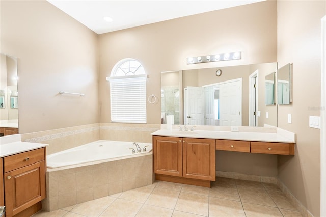 4548 Barrister Dr, Clermont, FL 34711 - full bathroom with a bath, vanity, tile patterned floors, and a shower stall