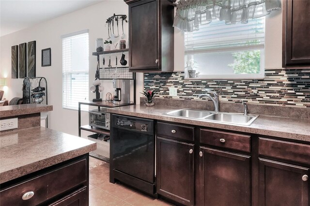 6906 Glenbrook Dr, Lakeland, FL 33811 - kitchen with black dishwasher, tasteful backsplash, light tile patterned flooring, and dark brown cabinets