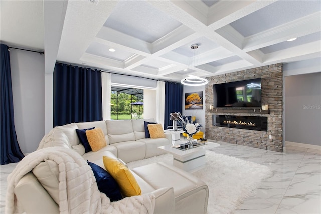 1702 Hidden Palms Dr, Davenport, FL 33897 - living room featuring a fireplace, beam ceiling, marble finish flooring, coffered ceiling, and recessed lighting