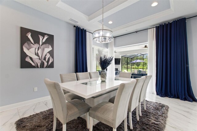 1702 Hidden Palms Dr, Davenport, FL 33897 - dining space featuring marble finish floors, a chandelier, recessed lighting, ornamental molding, and beam ceiling