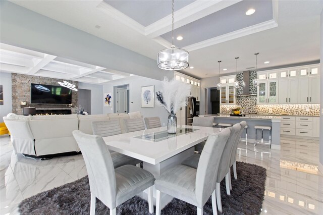 1702 Hidden Palms Dr, Davenport, FL 33897 - dining area featuring a chandelier, recessed lighting, beamed ceiling, light marble finish flooring, and coffered ceiling