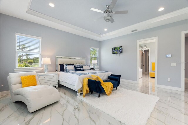 1702 Hidden Palms Dr, Davenport, FL 33897 - bedroom featuring a raised ceiling, light marble finish flooring, recessed lighting, ceiling fan, and ornamental molding