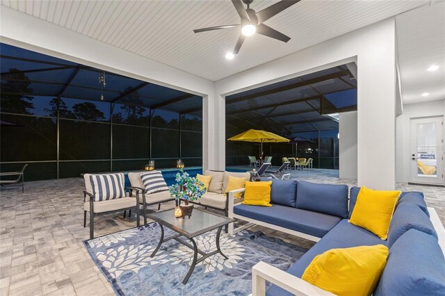 1702 Hidden Palms Dr, Davenport, FL 33897 - view of patio with an outdoor living space, glass enclosure, and ceiling fan