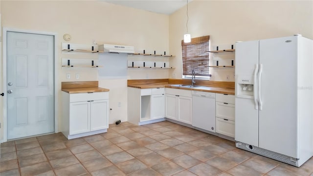 15925 Summit Ct, Clermont, FL 34711 - kitchen featuring open shelves, white appliances, wood counters, pendant lighting, and exhaust hood