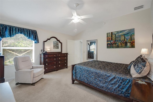 2369 Unity Ter, The Villages, FL 32162 - bedroom with carpet floors, vaulted ceiling, and a ceiling fan