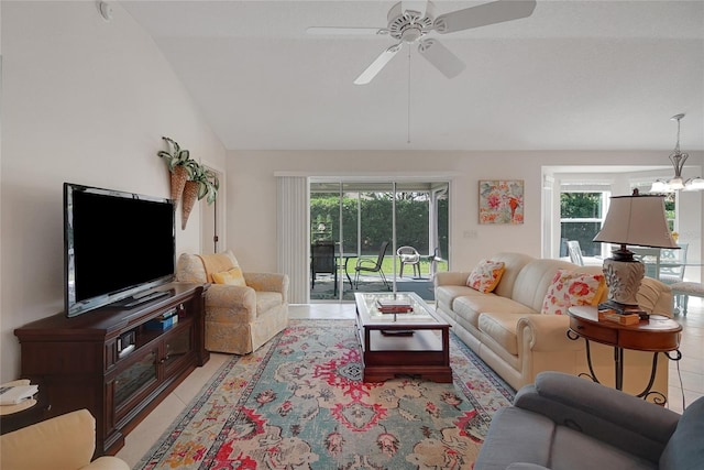 2369 Unity Ter, The Villages, FL 32162 - living room featuring light tile patterned floors, plenty of natural light, lofted ceiling, and a ceiling fan