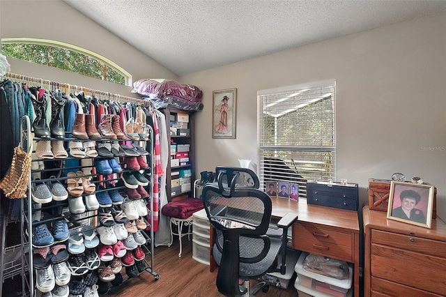4300 Leafway Cir, Leesburg, FL 34748 - office area with wood finished floors, a textured ceiling, and lofted ceiling