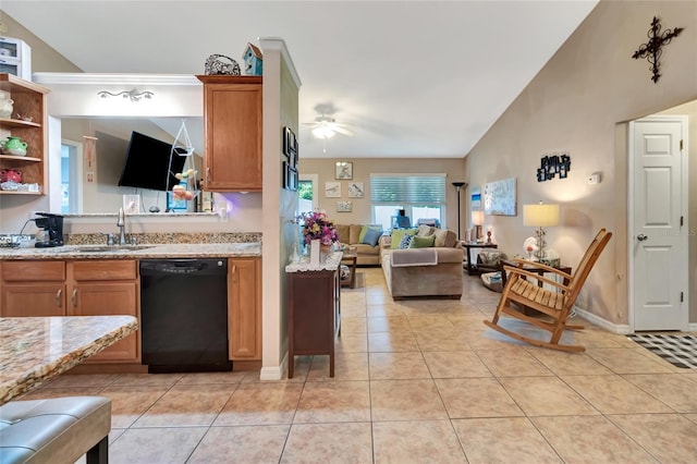 1511 W Magnolia St, Clermont, FL 34711 - kitchen featuring black dishwasher, a ceiling fan, vaulted ceiling, light tile patterned flooring, and light stone countertops