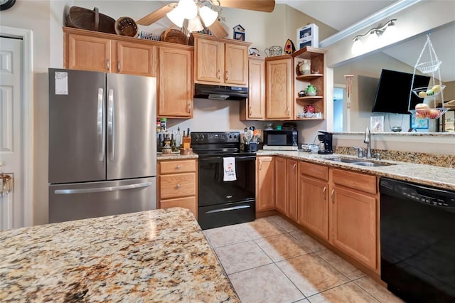 1511 W Magnolia St, Clermont, FL 34711 - kitchen featuring black appliances, under cabinet range hood, ceiling fan, open shelves, and light stone counters