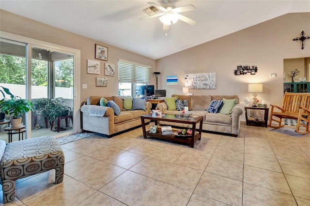 1511 W Magnolia St, Clermont, FL 34711 - living area featuring vaulted ceiling, light tile patterned flooring, and a ceiling fan