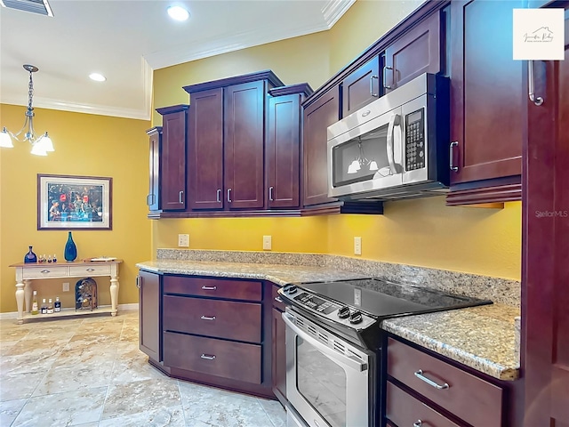 2994 Adrienne Way, The Villages, FL 32163 - kitchen with appliances with stainless steel finishes, crown molding, decorative light fixtures, reddish brown cabinets, and recessed lighting