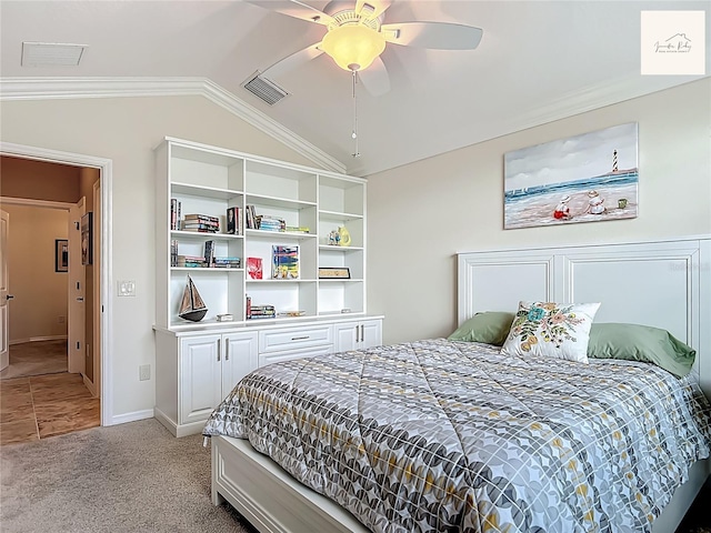 2994 Adrienne Way, The Villages, FL 32163 - bedroom featuring vaulted ceiling, a ceiling fan, light colored carpet, and crown molding